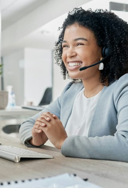 Black woman, call center and computer with CRM and contact us, phone call with customer service or